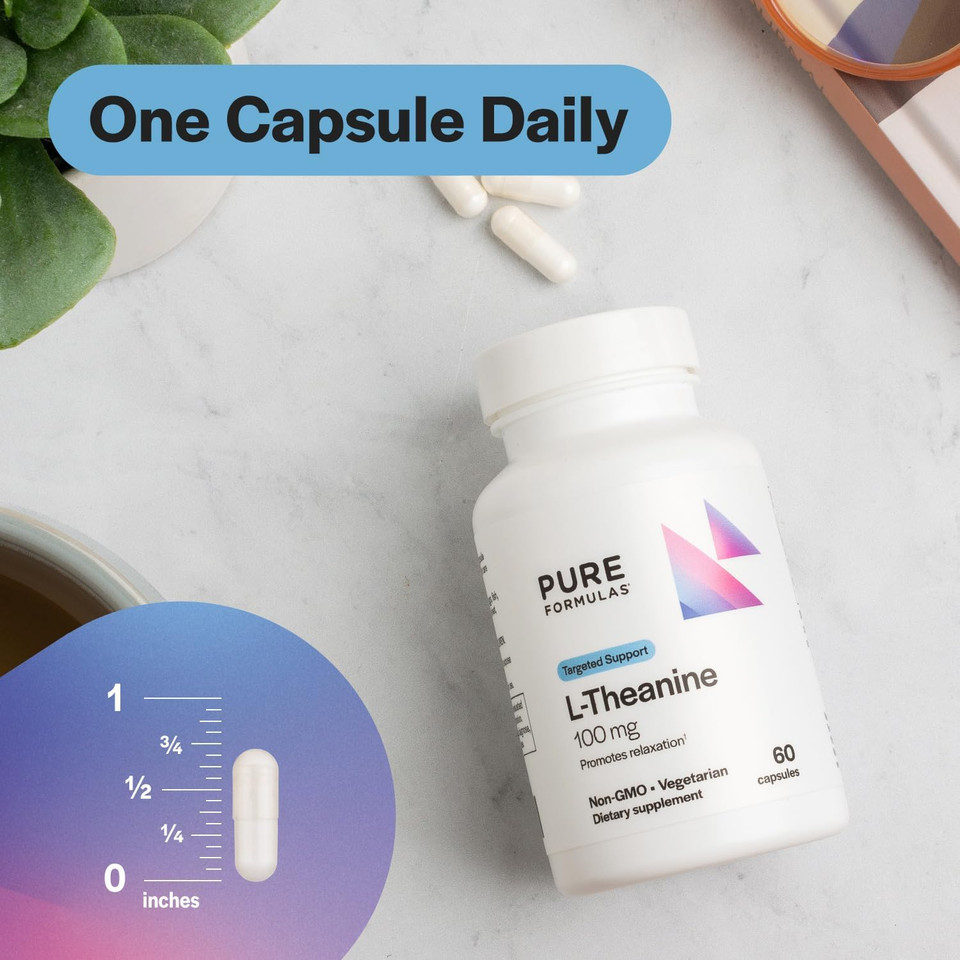 Pureformulas L Theanine Supplement 100 Mg, L-Theanine Supports Stress Levels, Relaxed State, Mood, Sleep, Dairy Free, Soy Free, Non-Gmo 60 Vegetarian Capsules