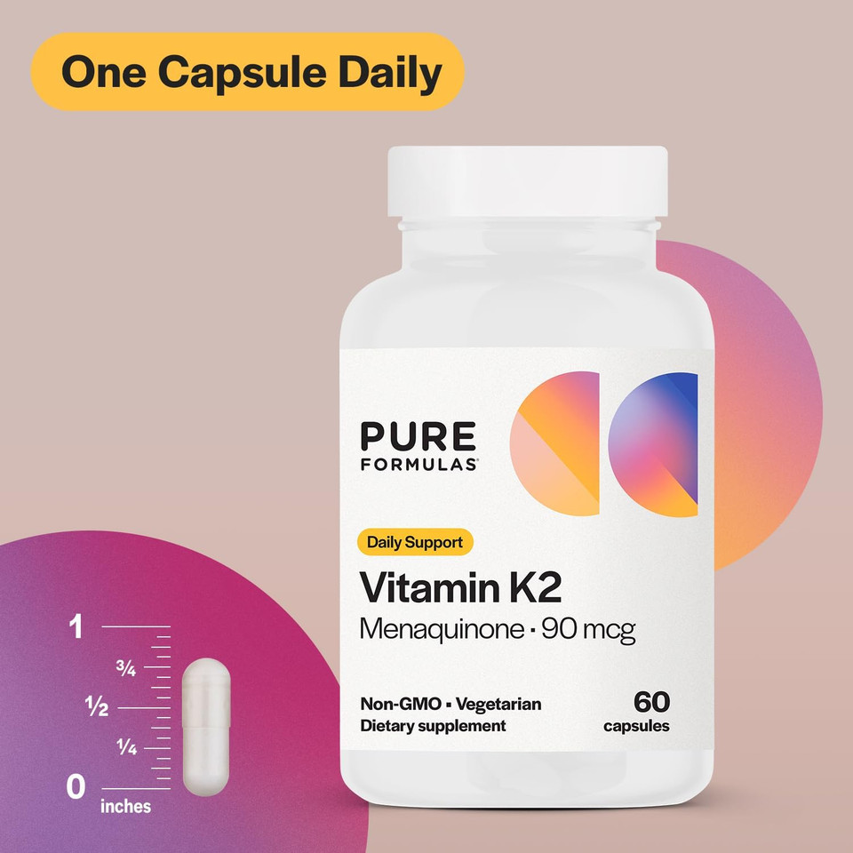 Pureformulas Vitamin K2 Mk7 (Menaquinone-7)| High Potency 90Mcg | 60 Vegetarian Capsules | Bone & Cardiovascular Support | Soy-Free, Non-Gmo, 60 Day Supply