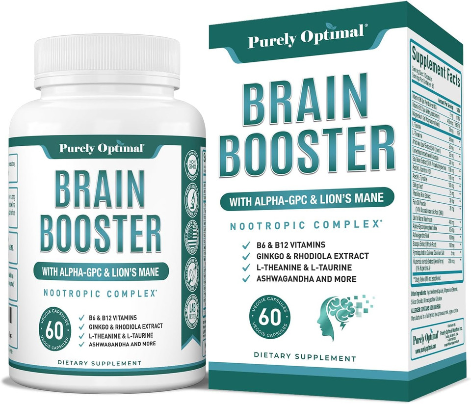 Purely Optimal Brain Supplement For Memory And Focus - Nootropic Support With LionS Mane, Alpha-Gpc, Ginko Biloba, & Bacopa Monnieri - 60 Capsules