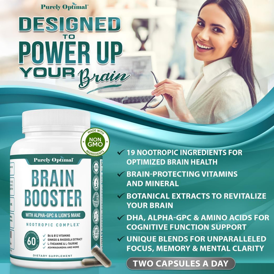 Purely Optimal Brain Supplement For Memory And Focus - Nootropic Support With LionS Mane, Alpha-Gpc, Ginko Biloba, & Bacopa Monnieri - 60 Capsules