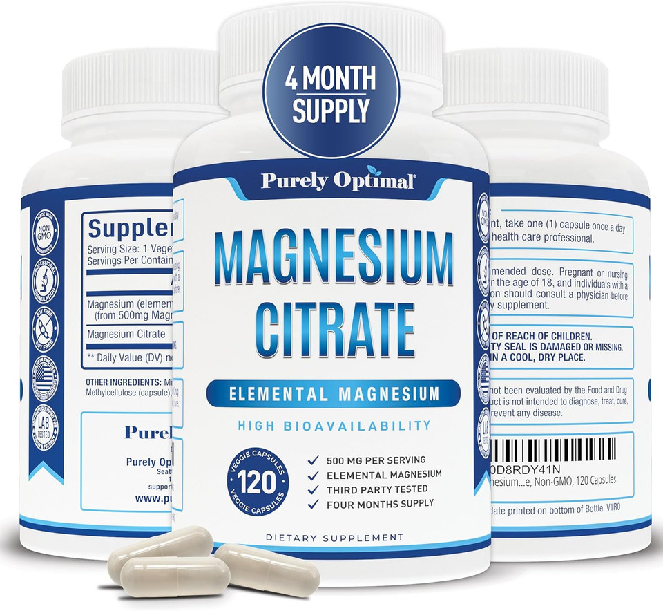 Purely Optimal Magnesium Citrate 500Mg  Digestive Health, Gentle Constipation Relief, Sleep Support  High Absorption, Calm & Relaxation Formula  120 Easy-To-Swallow Capsules