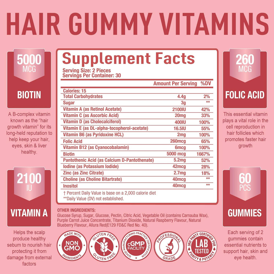Purely Optimal Premium Hair Vitamins Supplement-Gummy W/Biotin, Folic Acid, Vitamin A&D-Supports Faster Hair Growth & Healthy Hair, Skin, & Nails-60 Non-Gmo Berry Flavored Gummies