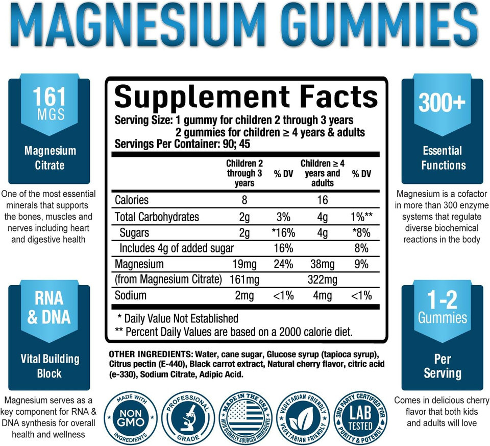 Purely Optimal Premium Magnesium Citrate Gummies For Adults & Kids - Supports Relaxation, Muscle & Nerve Function - Chewable, Non-Gmo, Vegan, Gluten-Free - 90 Delicious Gummies