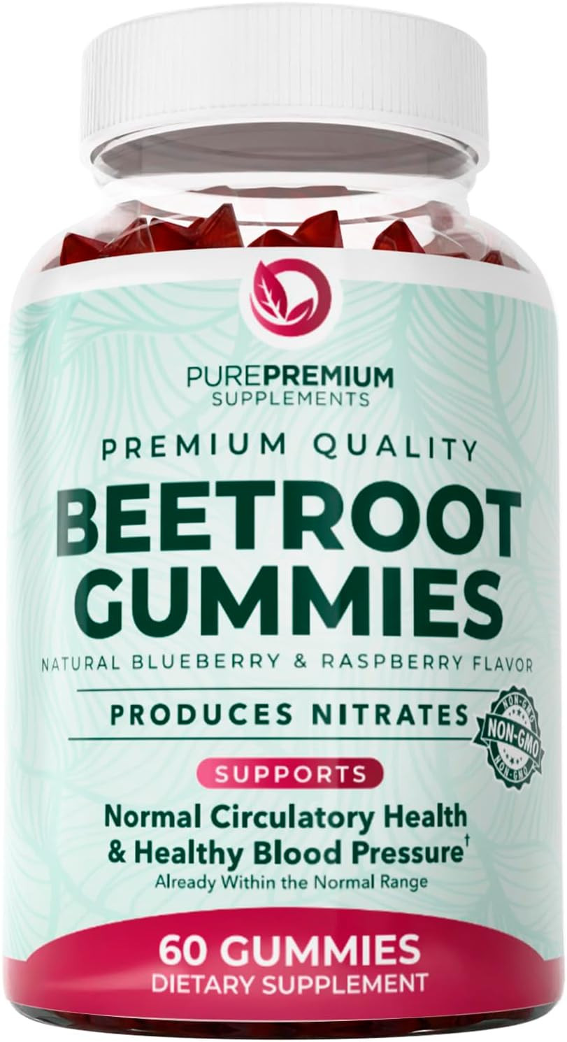 Purepremium Beet Root Gummies - 60 Sugar Free Chews (50:1 Equivalent 1500 Mg) - Super Nitric Oxide Beetroot Gummies With Natural Blueberry Flavor - Supplements For Normal Blood Pressure