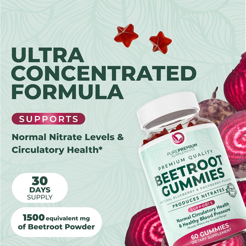 Purepremium Beet Root Gummies - 60 Sugar Free Chews (50:1 Equivalent 1500 Mg) - Super Nitric Oxide Beetroot Gummies With Natural Blueberry Flavor - Supplements For Normal Blood Pressure