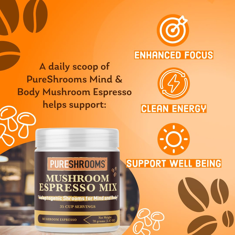 Pureshrooms Instant Mushroom Espresso Blend - Organic Adaptogenic Coffee With Lion'S Mane, Reishi, Cordyceps - Arabica & Robusta Blend, 70G - Mental Clarity & Physical Boost, 35 Servings