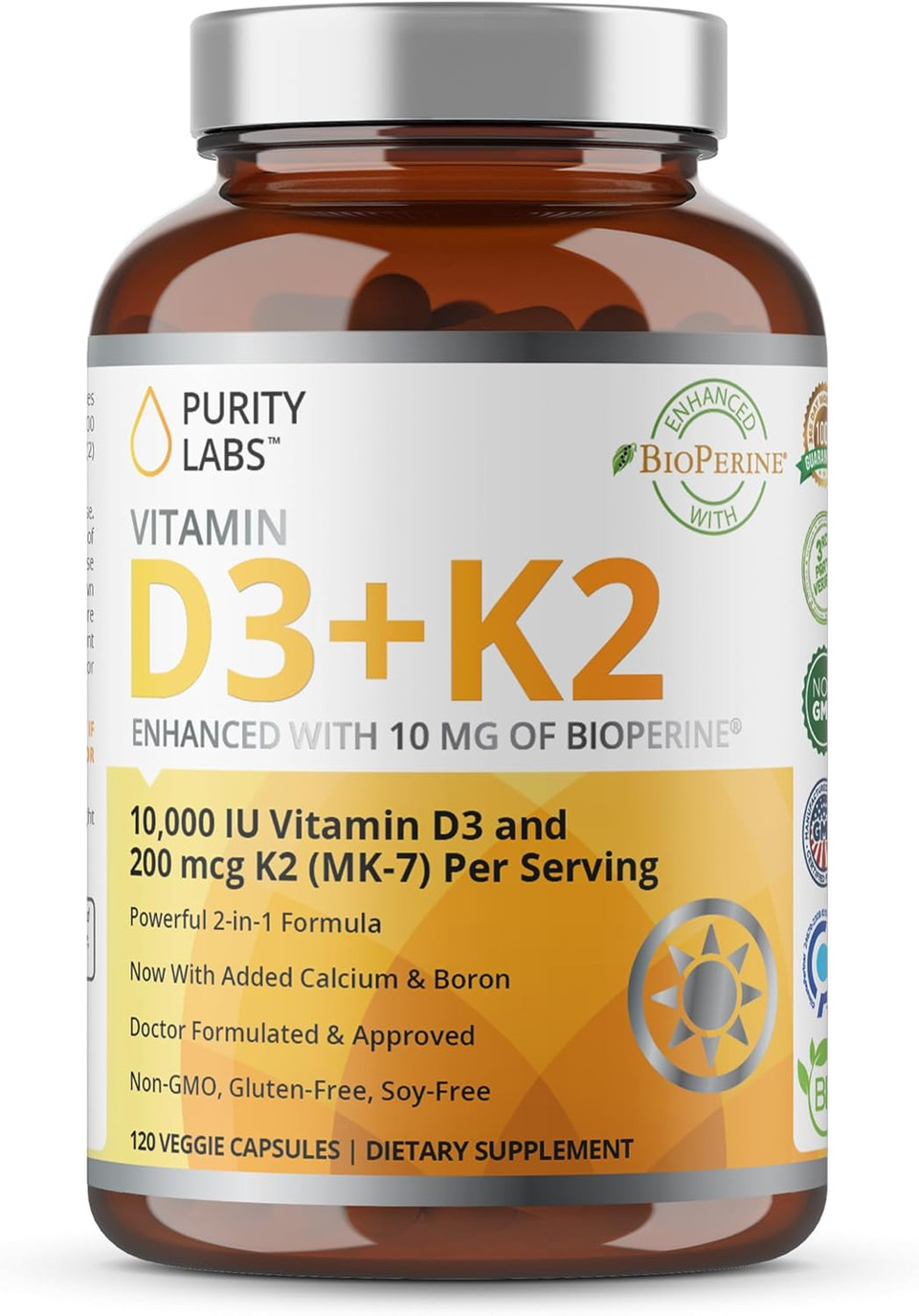 Purity Labs Vitamin D3 K2 10000 Iu, (250Mcg) D3 + 200Mcg K2 Mk7 - Immune Support Supplement Enhanced With Bioperine - Supplements For Daily Defense, Bone, Muscle & Skin Health - 120 Capsules