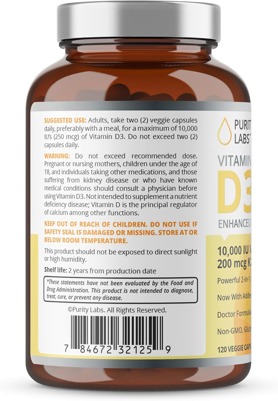 Purity Labs Vitamin D3 K2 10000 Iu, (250Mcg) D3 + 200Mcg K2 Mk7 - Immune Support Supplement Enhanced With Bioperine - Supplements For Daily Defense, Bone, Muscle & Skin Health - 120 Capsules