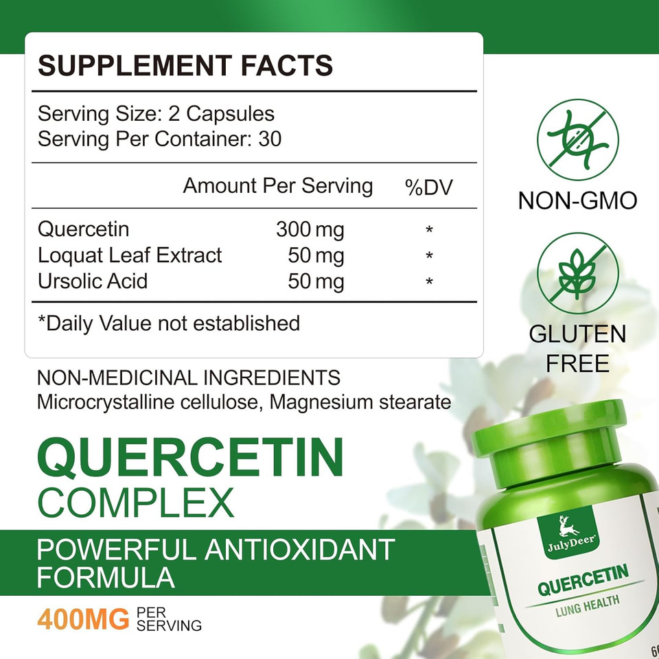 Quercetin 400 Mg With Loquat Leaf Extract, Ursolic Acid 120 Capsules, Healthy Immune Support Supplements, High Bioavailable Flavonoids, Natural Antioxidant  Non-Gmo, No Gluten - 2 Btls