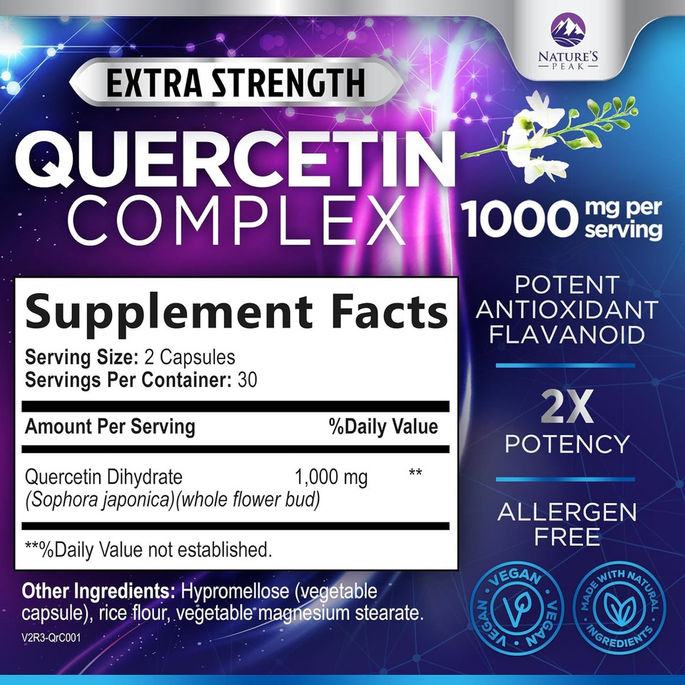 Quercetin Capsules 1000Mg, With Ultra Strength Complex - Health Antioxidant Supplements For Respiratory, Heart And Immune Support - Vegan Third Party Tested, Non-Gmo, Gluten Free - 60 Veggie Capsules