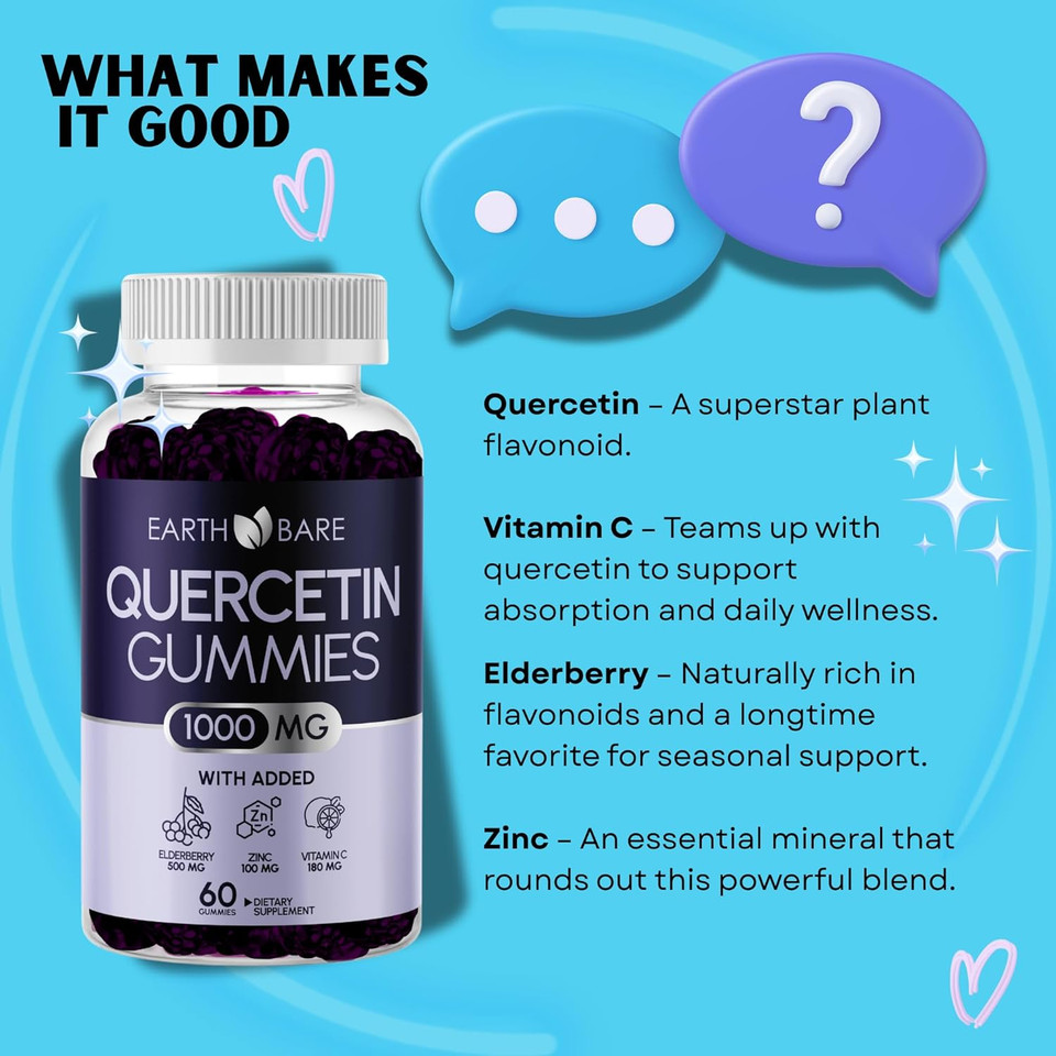 Quercetin Gummies With Elderberry, Zinc & Vitamin C  Immune Support Supplement  Antioxidant & Seasonal Wellness  Vegan, Non-Gmo, Natural Berry Flavor  60 Gummies