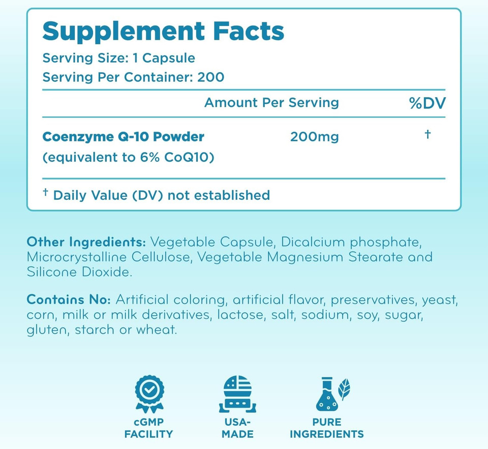 Quick Absorption Coq10 200Mg - Coenzyme Q10 200Mg Potent Antioxidant For Heart Energy And Aging Support - High Stability Coq10 Ubiquinone Capsules - Made In A Cgmp Us Lab (60 Servings)