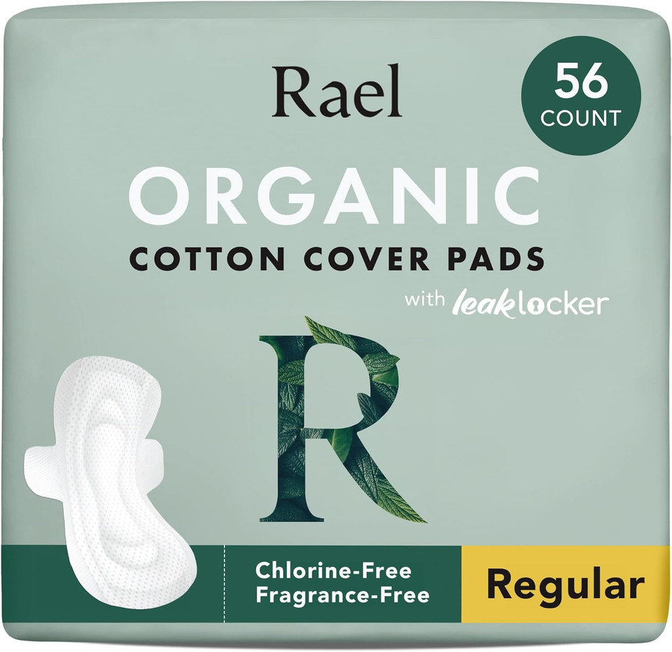 Rael Organic Cotton Cover Pads - Regular Absorbency, Unscented, Ultra Thin Pads With Wings For Women (56 Total)