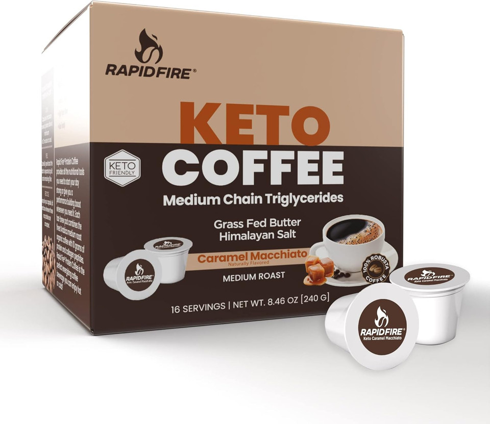 Rapidfire French Vanilla & Caramel Macchiato Ketogenic Keto Coffee Pods, Supports Energy & Metabolism, Weight Loss, Single Serve K Cups, 16 Count