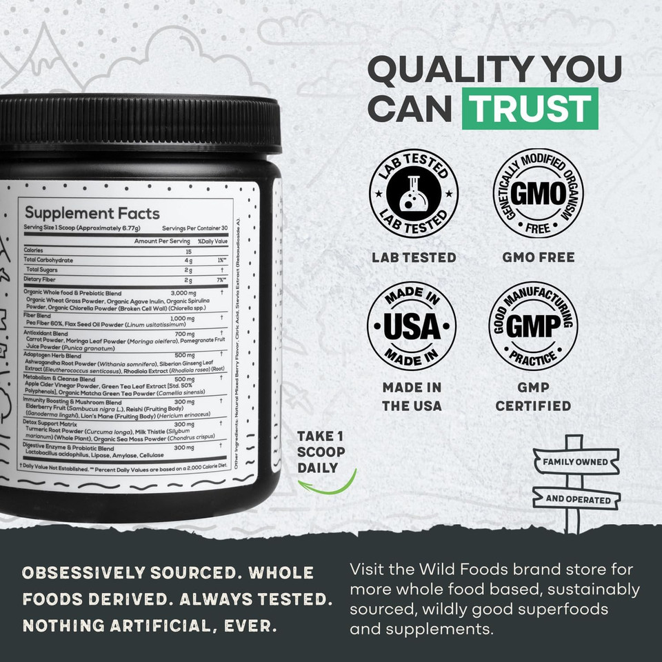 Raw Super Greens Powder Daily Juice Drink With Probiotics And Digestive Enzyme Blend - Whole Food Sourced, 46 Plant-Based Nutrients, Non-Gmo, Spirulina, Chlorella, Wheatgrass (30 Servings)