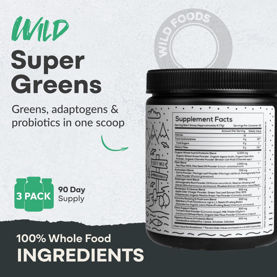 Raw Super Greens Powder Daily Juice Drink With Probiotics And Digestive Enzyme Blend - Whole Food Sourced, 46 Plant-Based Nutrients, Non-Gmo, Spirulina, Chlorella, Wheatgrass (30 Servings)
