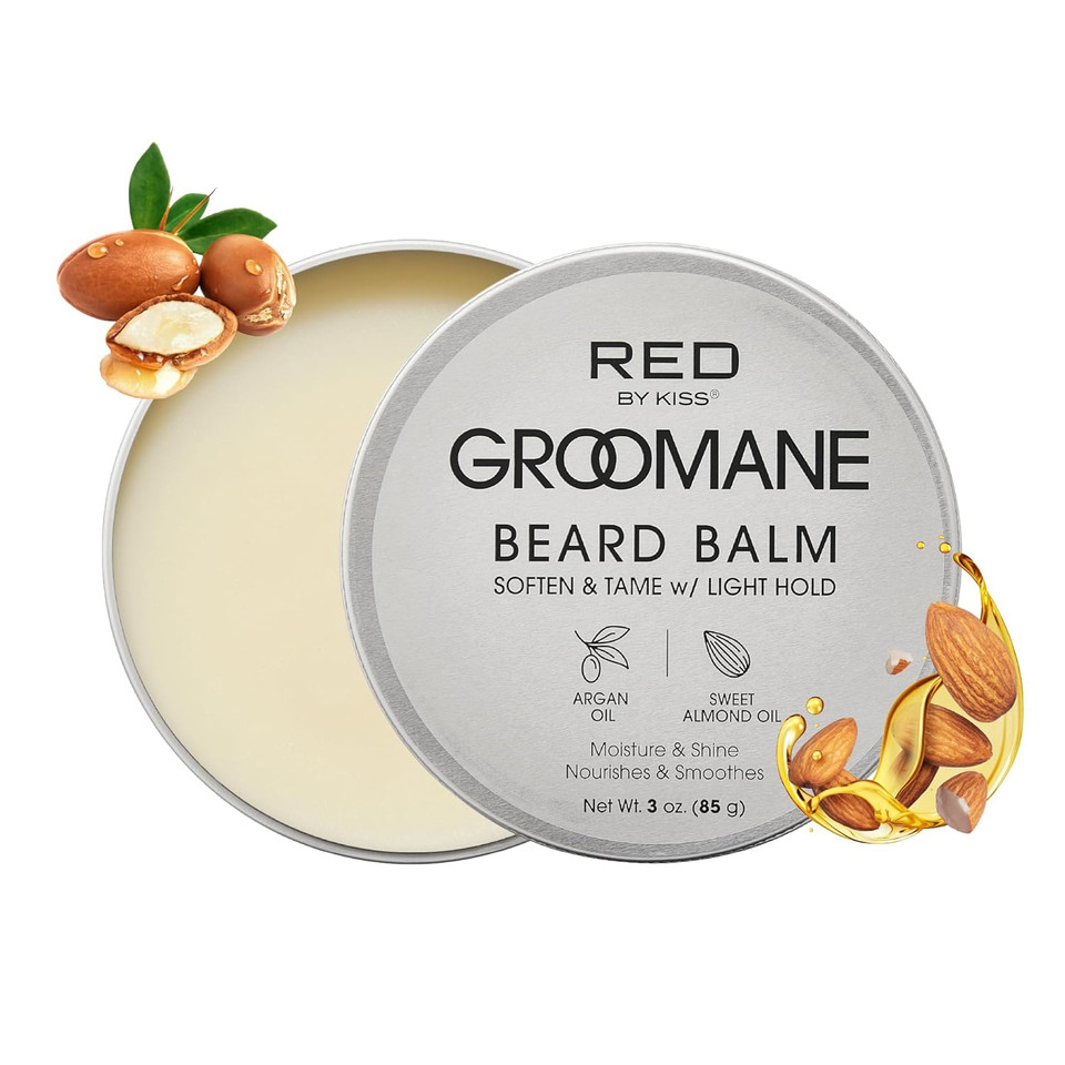 Red By Kiss Groomane Beard Balm Sandalwood, 3Oz, Conditioning & Styling With Argan Oil & Sweet Almond Oil, Light Hold, Softens & Tames Facial Hair
