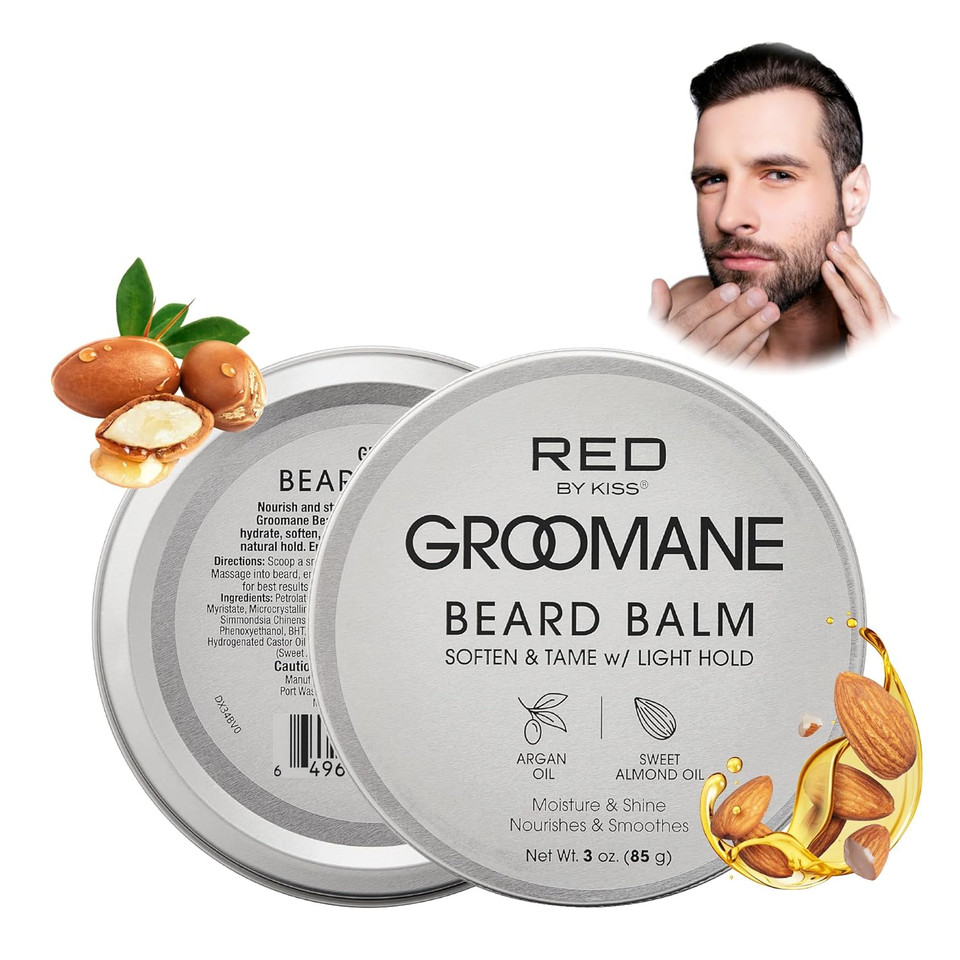Red By Kiss Groomane Beard Balm Sandalwood, 3Oz, Conditioning & Styling With Argan Oil & Sweet Almond Oil, Light Hold, Softens & Tames Facial Hair
