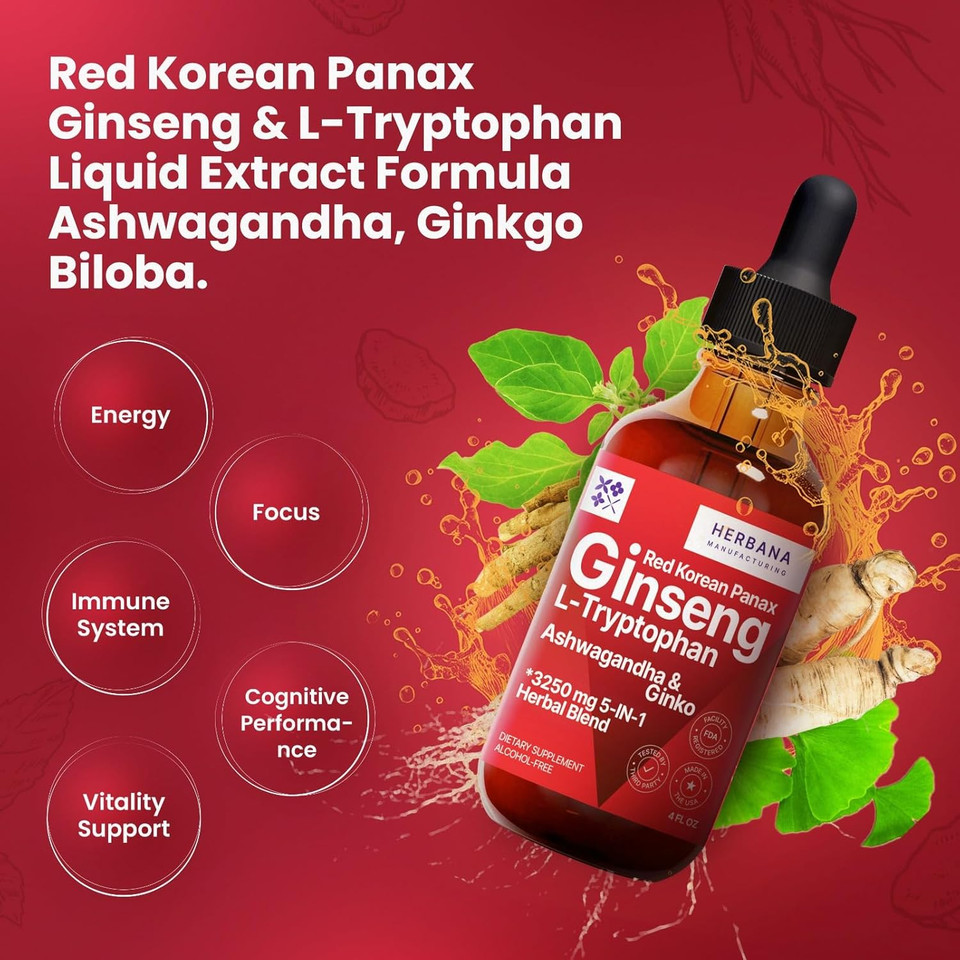 Red Korean Panax Ginseng & L-Tryptophan Liquid Extract Formula 4 Fl Oz - Ashwagandha, Ginkgo Biloba - Energy, Cognitive Performance & Focus - Immune System And Vitality Support Tincture