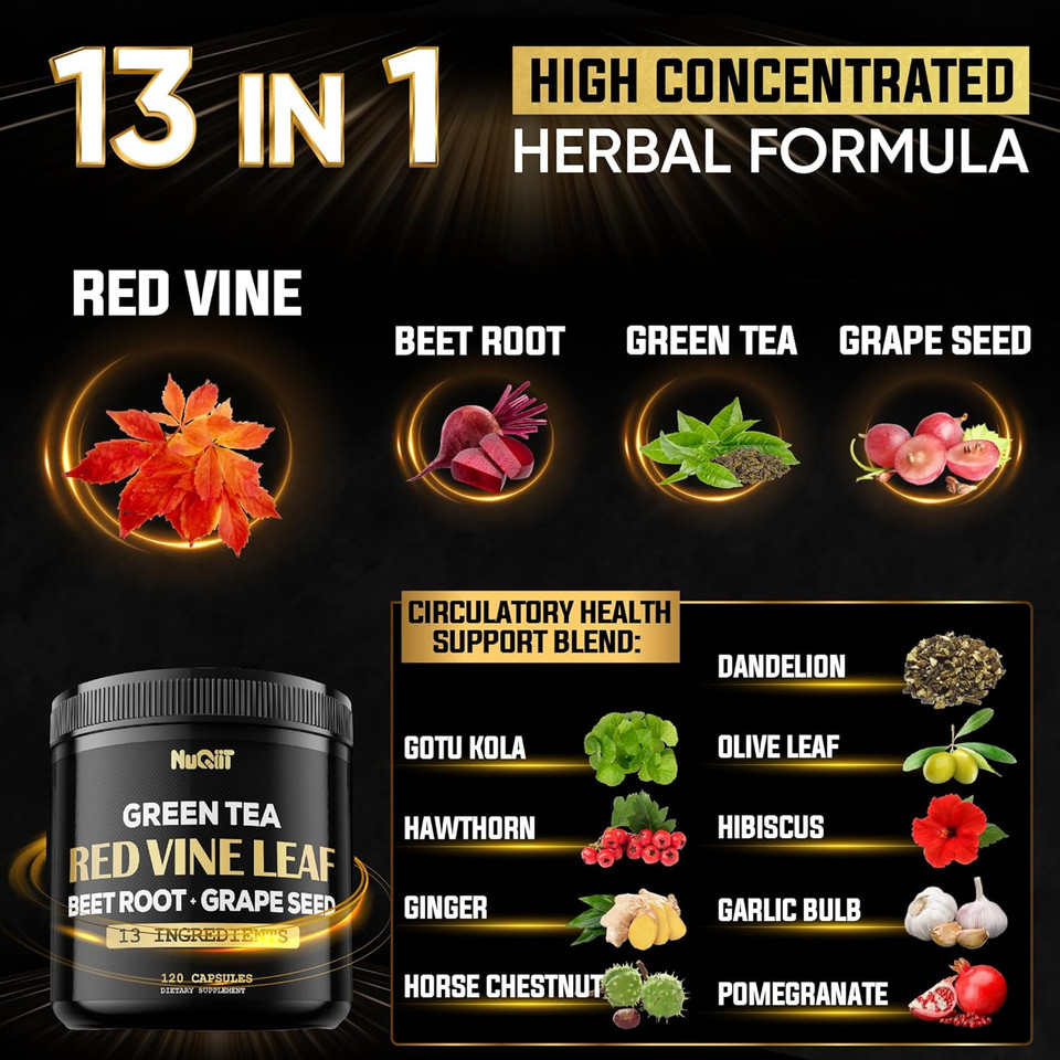 Red Vine Leaf Extract 15000Mg Beet Root 3000Mg Organic Green Tea 3000Mg Supplement & More - Support Heart Health, Strength, Immune System & Body Management - 120 Vegan Capsules For 2-Month Supply
