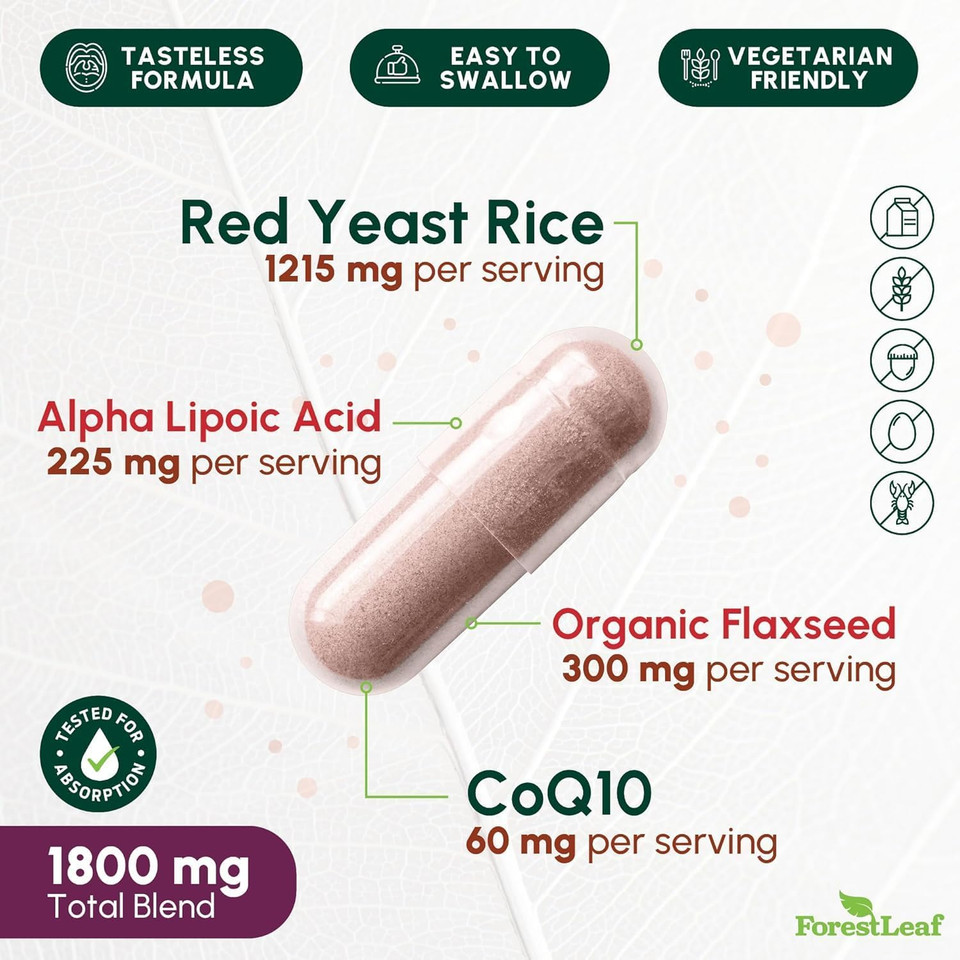 Red Yeast Rice 1215 Mg. Capsules - Extra Strength Red Rice Yeast With Coq10 Supplement, Plus Alpha Lipoic Acid & Organic Flaxseed, Citrinin Free, Supports Cardiovascular Health, Non-Gmo 90 Veggie Caps