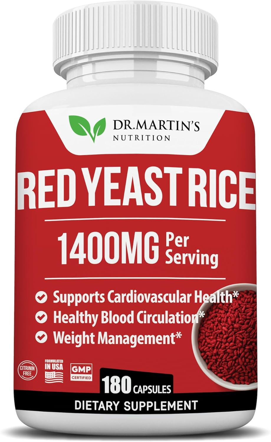 Red Yeast Rice Extract 1400Mg Supplement 180 Count | Maintain Healthy Cholesterol Levels | Supports Cardiovascular & Blood Circulation For Healthy Heart, Digestion, Weight Management & Overall Health
