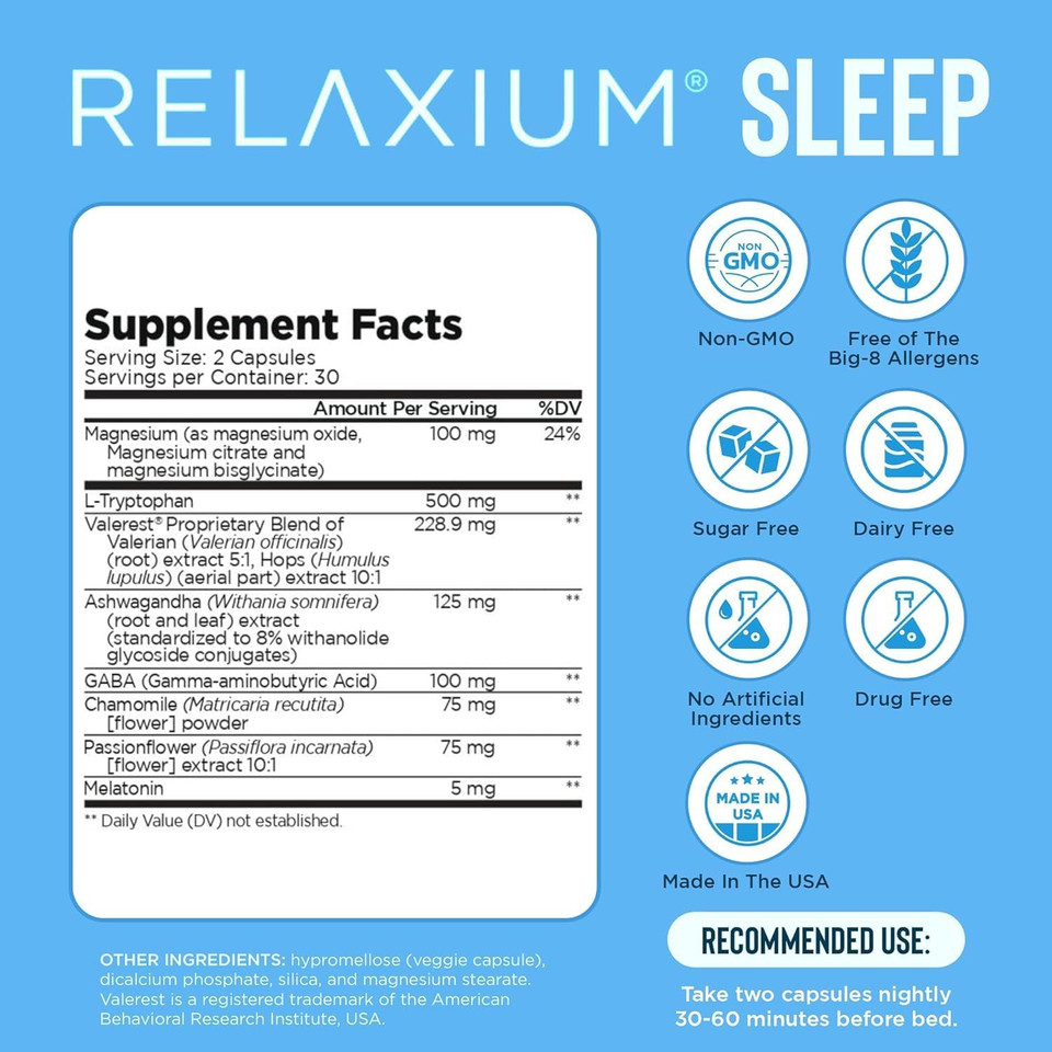 Relaxium Sleep Aid, Melatonin With Magnesium Glycinate, Valerest & Ashwagandha, Non-Habit Forming Sleep Supplement, 60 Vegan Capsules, 30-Day Supply