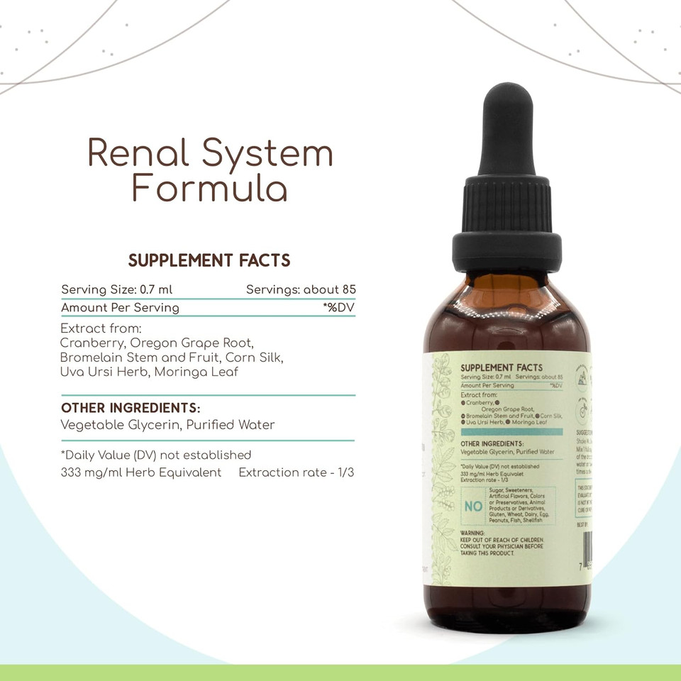 Renal System Formula B120 Alcohol-Free Extract Tincture, Concentrated Liquid Drops: Cranberry, Corn Silk, Uva Ursi Leaf,Moringa Leaf, Oregon Grape. Wildcrafted Bromelain Stem And Fruit. 4 Oz