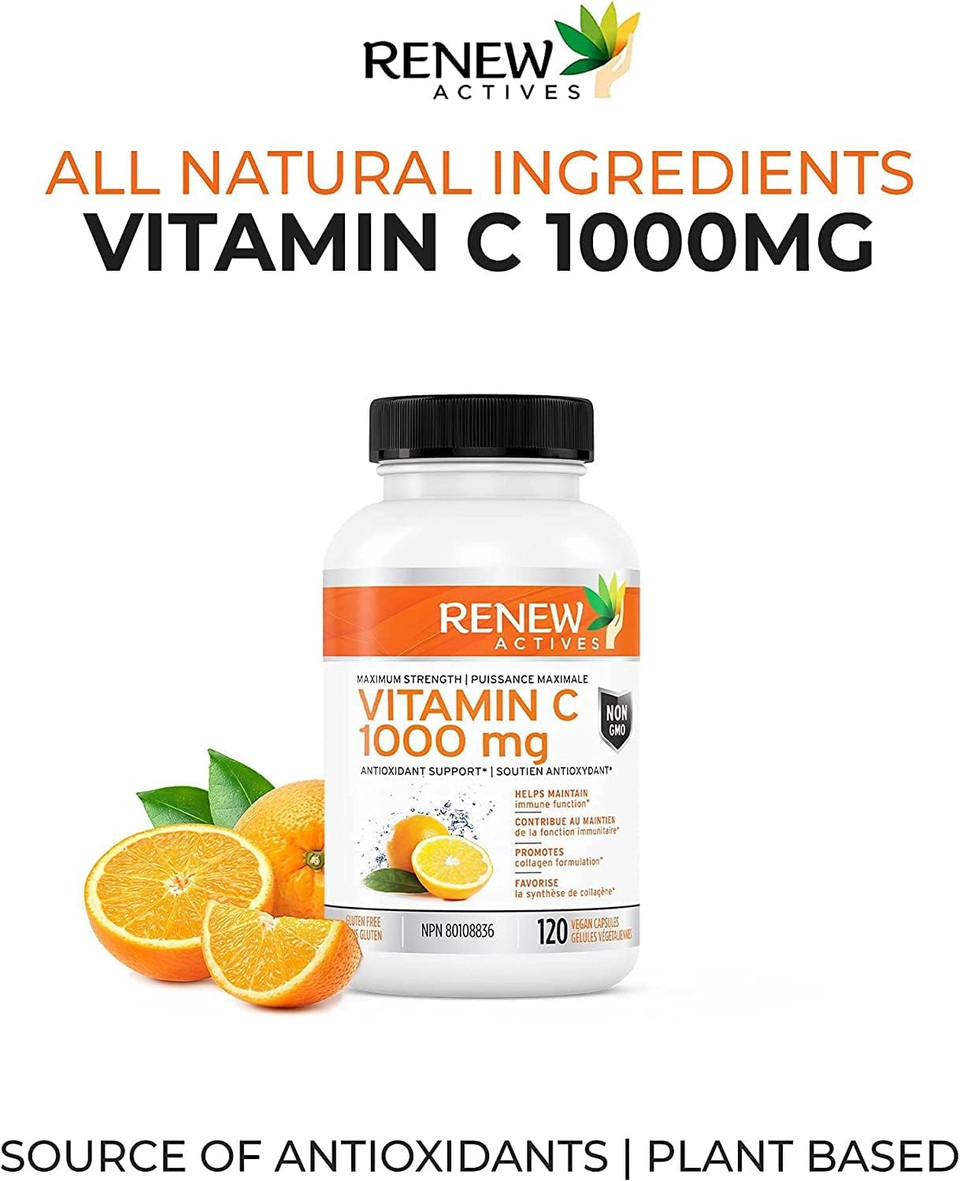 Renew Actives Maximum Strength Vitamin C 1000Mg Per Serving  Antioxidant & Immune Booster For Overall Health, Bones, Teeth & Gums  Non-Gmo, Sugar-Free, 4-Month Supply  Made In Canada  120 Capsules