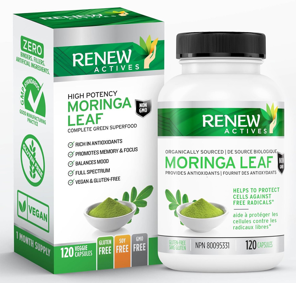 Renew Actives Moringa Leaf Supplement 800Mg Per 2 Capsules- Antioxidant-Rich Moringa Oleifera - Promotes Good Health & Wellness - Easy To Swallow - Made In Canada - 120 Capsules