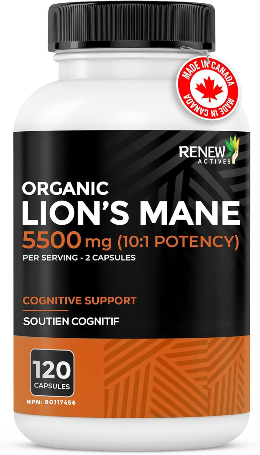 Renew Actives Premium Organic Lion'S Mane Mushroom 1100Mg Per 2 Capsules - Supports Brain Function, Memory, Focus, Stress Relief & Immune Health, Non-Gmo, Vegan - Made In Canada - 120 Capsules