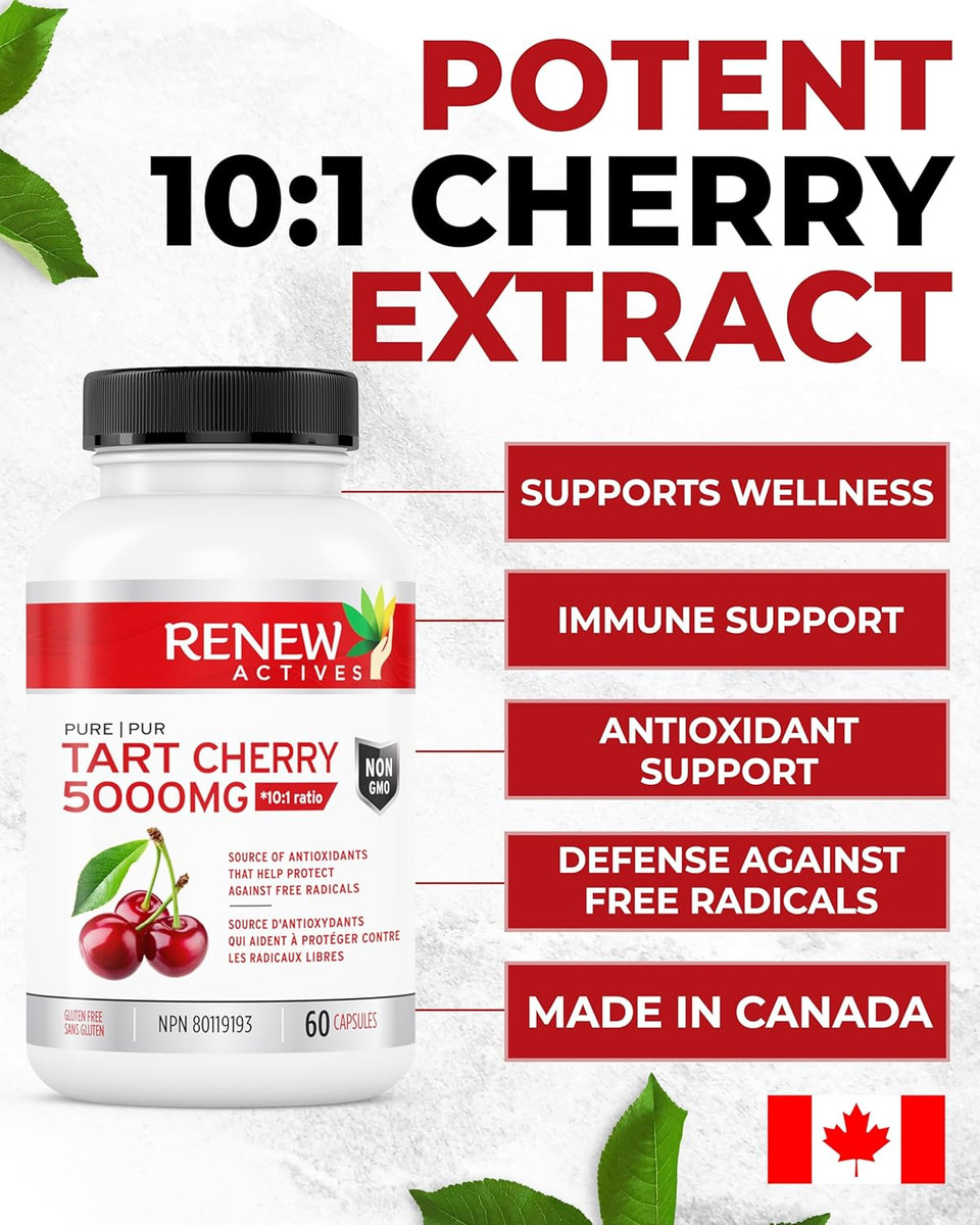 Renew Actives Tart Cherry Extra 500Mg Per 2 Capsules  High-Potency Antioxidant For Free Radical Protection & Wellness  60 Easy-To-Swallow Capsules  Made In Canada