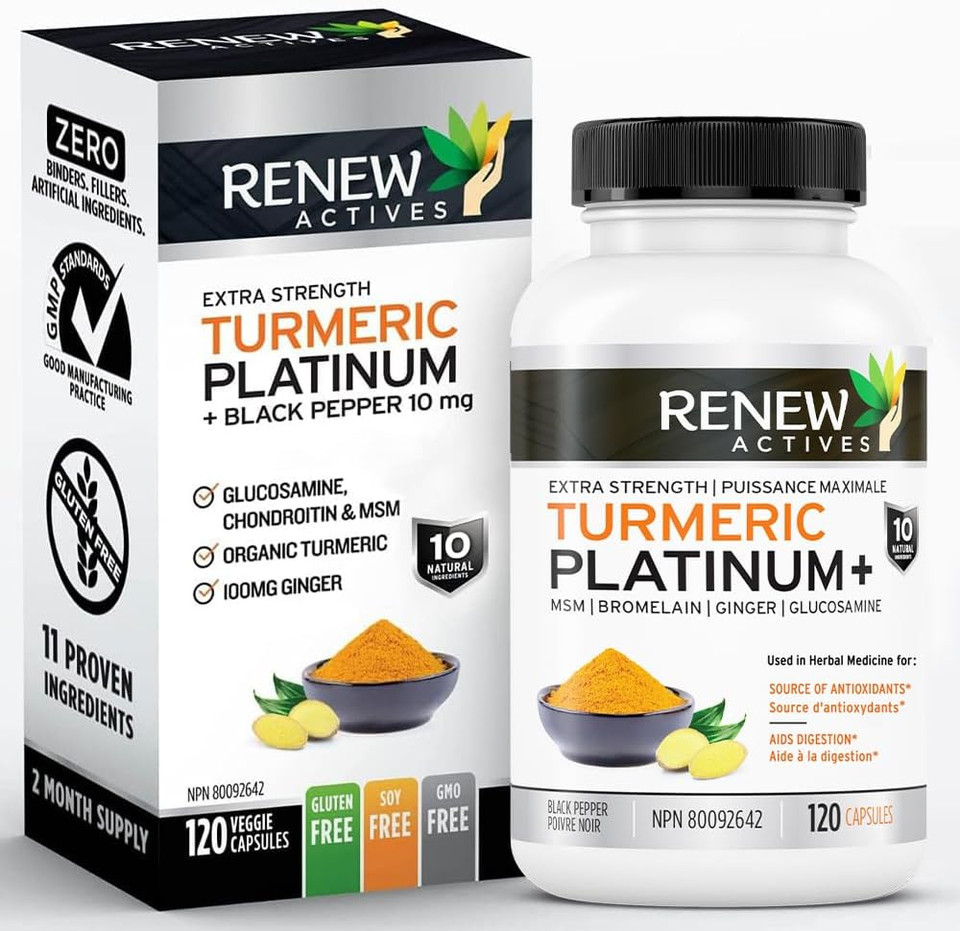 Renew Actives Turmeric Platinum 1350Mg Per 3 Capsules With Black Pepper & Ginger  Antioxidant, Liver & Digestive Support  Reduces Inflammation & Boosts Immunity  Made In Canada  120 Capsules