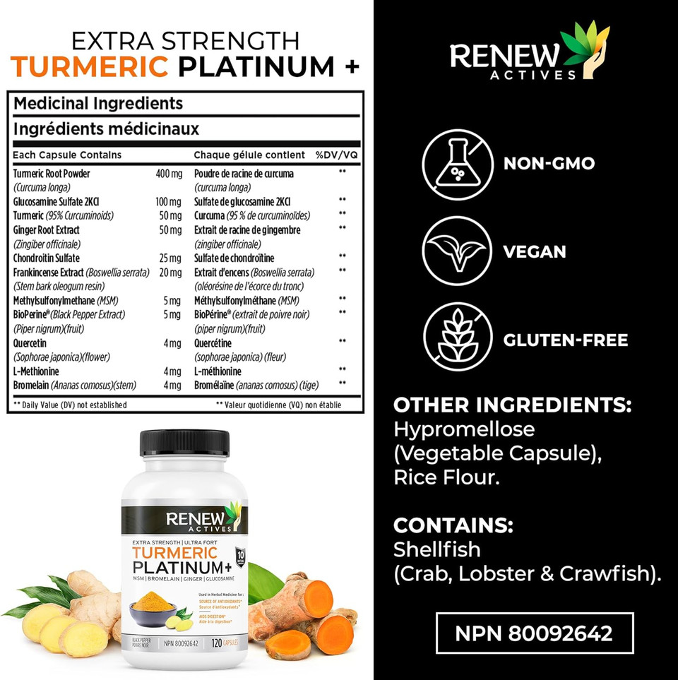 Renew Actives Turmeric Platinum 1350Mg Per 3 Capsules With Black Pepper & Ginger  Antioxidant, Liver & Digestive Support  Reduces Inflammation & Boosts Immunity  Made In Canada  120 Capsules