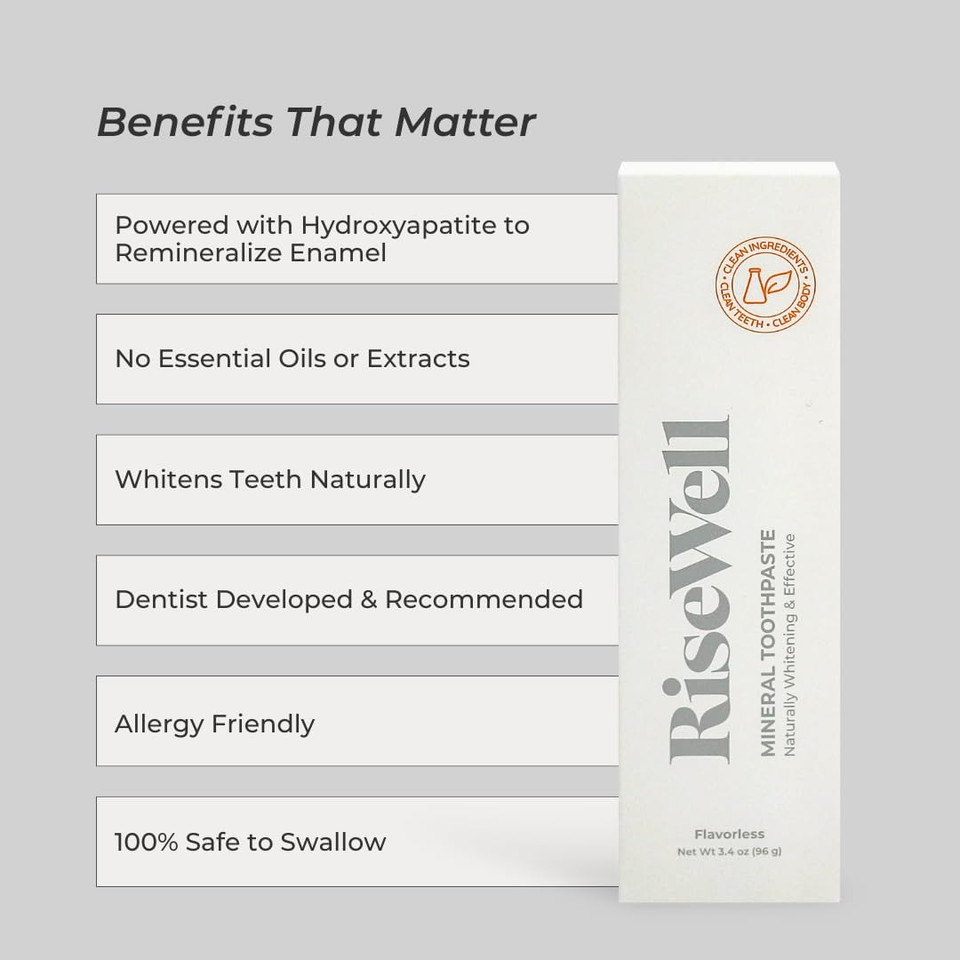 Risewell Mineral Unflavored Toothpaste - Hydroxyapatite Flavorless Toothpaste - Made In The Usa, Sensitive Teeth Whitening, No Added Fluoride, Sls-Free - Made By Dentists, 3.4 Oz