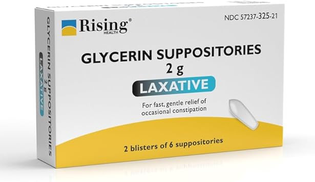 Rising Health - Fast Relief Medicated Laxative Suppositories For Adults - Rectal Use Only, Glycerin 2G - Gentle & Quick Constipation Relief - Results Within 15 Minutes To 1 Hr (12 Count, 12, Count)