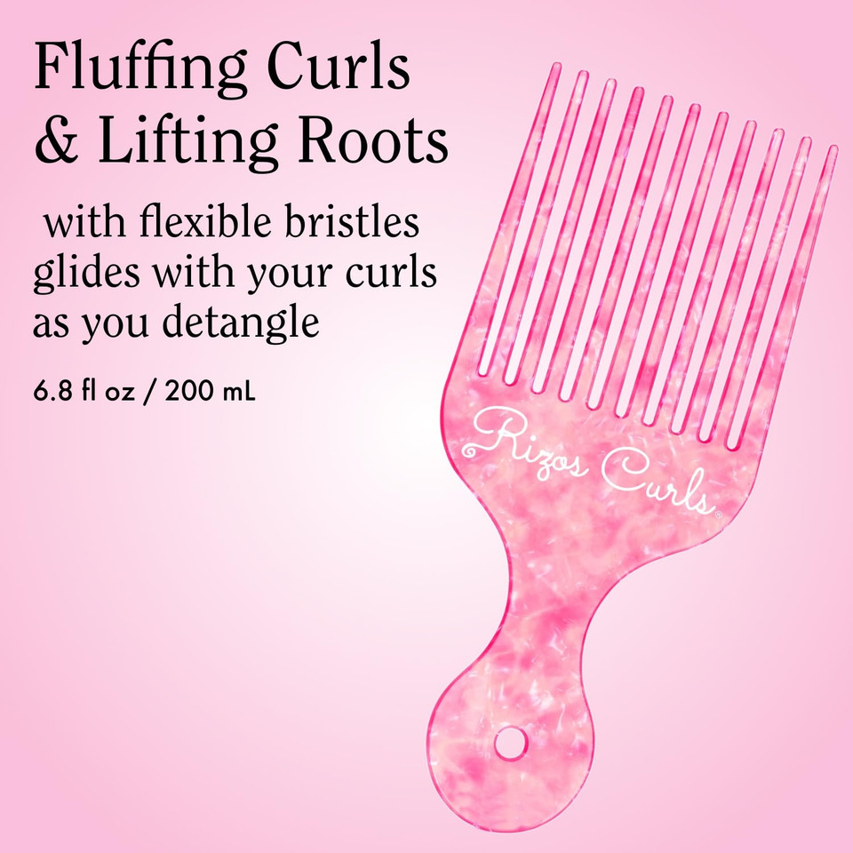 Rizos Curls Hair Pick Comb, Fluff Curls & Add Volume, Larger Pick To Lift Roots, Curly Textured Hair, Pink