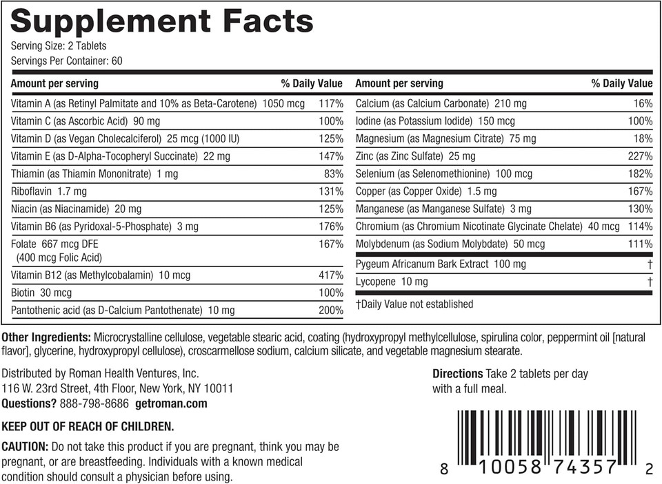 Roman Daily Multivitamin For Men | Supports Physical Activity, Brain + Heart Health, And Immune System With 23 Key Nutrients Including Calcium, Magnesium, And Zinc | 60-Day Supply (120 Tablets)