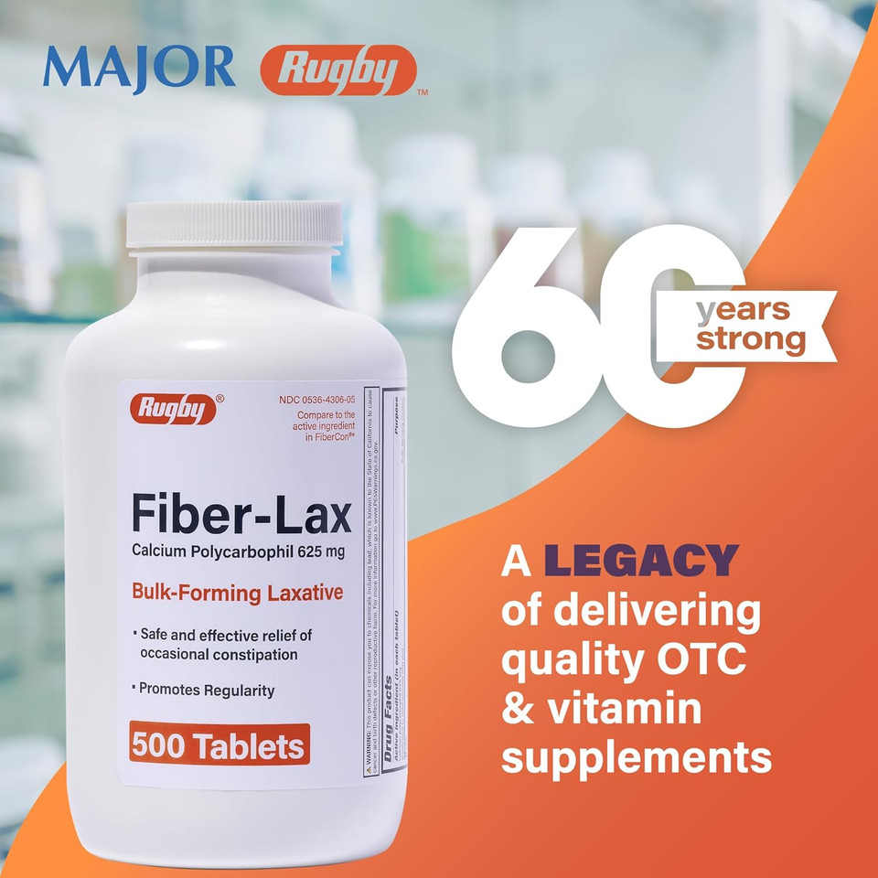 Rugby Fiber-Lax Tablets 625 Mg - Fiber Tablets For Women And Men - Occasional Constipation Relief For Adults - 500 Tablets