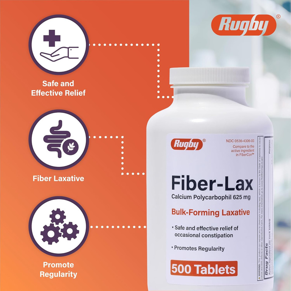 Rugby Fiber-Lax Tablets 625 Mg - Fiber Tablets For Women And Men - Occasional Constipation Relief For Adults - 500 Tablets