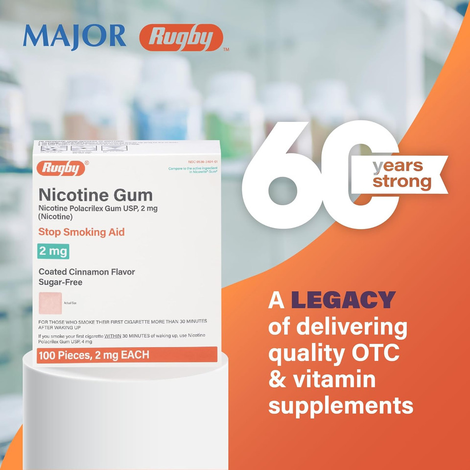 Rugby Polacrilex 2Mg Nicotine Gum - Smoking And Vaping Quitting Aid - Sugar-Free - 100 Count - Coated Cinnamon Flavor