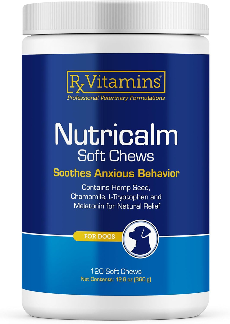 Rx Vitamins Nutricalm - Hemp Calming Chews For Dogs - Dog Calming Chews With Melatonin And Chamomile - Anxiety Relief Treats - Provides Relaxation & Separation Anxiety Relief For Dogs - 120 Capsules