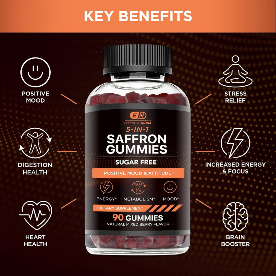 Saffron Gummies | Sugar-Free Supplement With Vitamin D2, Passion Flower, St. JohnS Wort & Gaba | Positive Mood, Digestion, Energy | Natural Berry Flavor, Made In Usa (90 Count)
