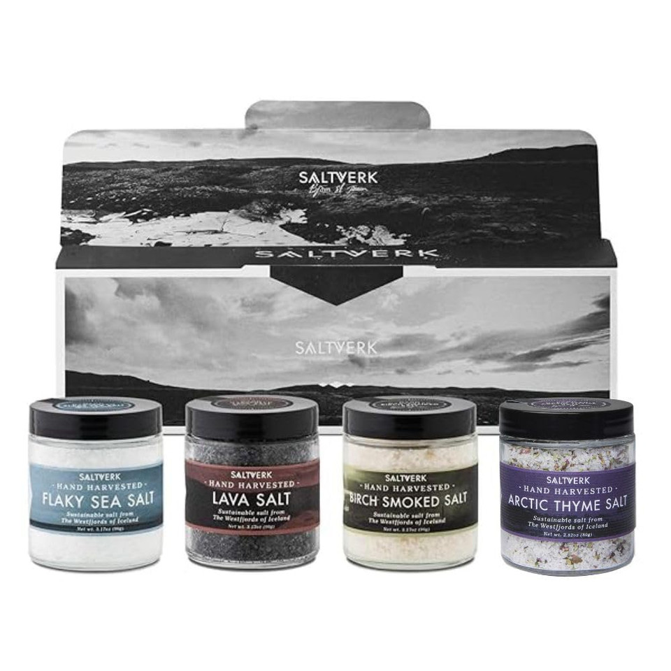 Saltverk Salt Gift Set - Includes 4 Jars - Flaky, Lava , Birch Smoked, Arctic Thyme Sea Salts- Gourmet, Icelandic, Hand Harvested And Sustainably Made - 12.33 Oz Total