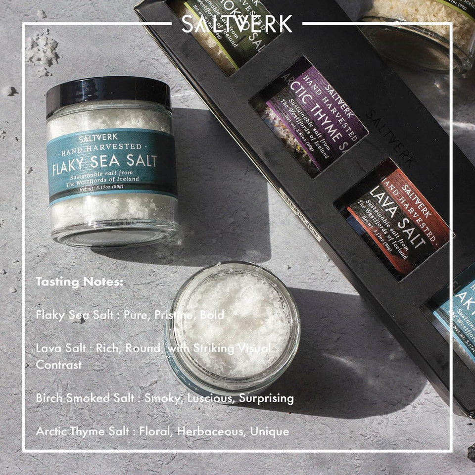 Saltverk Salt Gift Set - Includes 4 Jars - Flaky, Lava , Birch Smoked, Arctic Thyme Sea Salts- Gourmet, Icelandic, Hand Harvested And Sustainably Made - 12.33 Oz Total