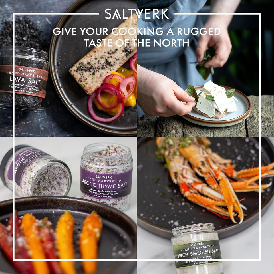 Saltverk Salt Gift Set - Includes 4 Jars - Flaky, Lava , Birch Smoked, Arctic Thyme Sea Salts- Gourmet, Icelandic, Hand Harvested And Sustainably Made - 12.33 Oz Total