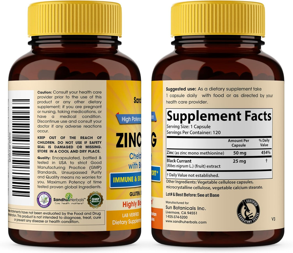 Sandhu Herbals Zinc 50Mg Supplement For Men & Women| High Absorption Zinc Monomethionine Complex 60 Capsules| Supplements For Immune, Acne & Antioxidant Support| Vegetarian
