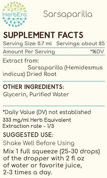 Sarsaparilla B60 Alcohol-Free Herbal Extract Tincture, Concentrated Liquid Drops Natural Sarsaparilla (Hemidesmus Indicus) Dried Root (2 Fl Oz)
