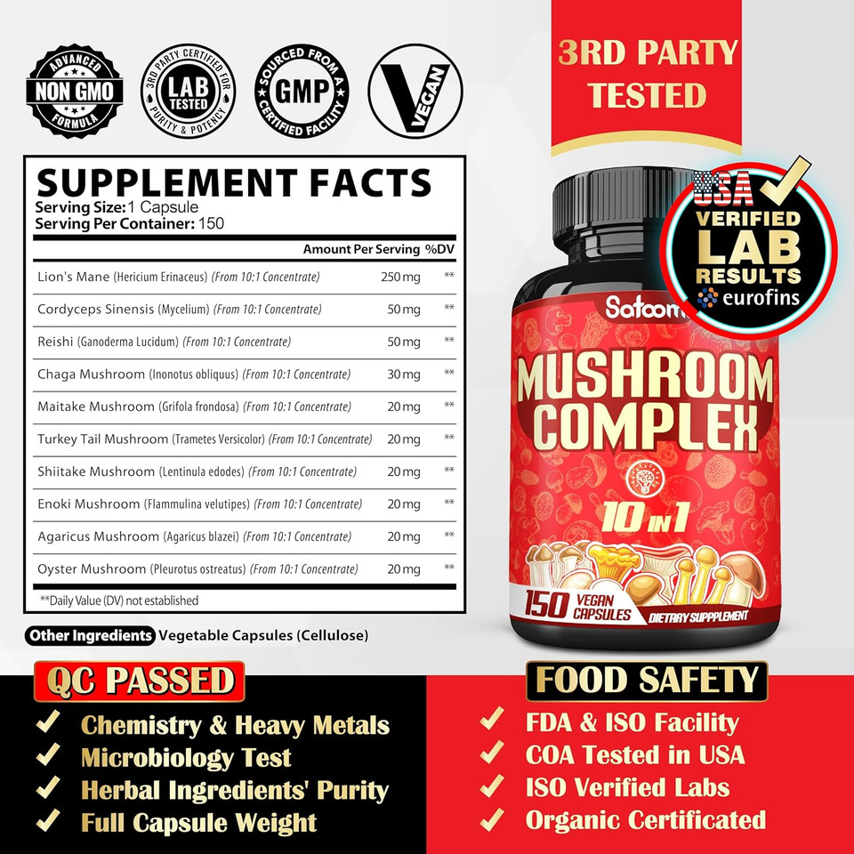 Satoomi 10In1 Mushroom Complex Supplements - 5 Month Supply - Blended With Lions Mane, Cordyceps, Reishi, Chaga, Maitake, Shitake & Others -Brain Support - 150 Capsules