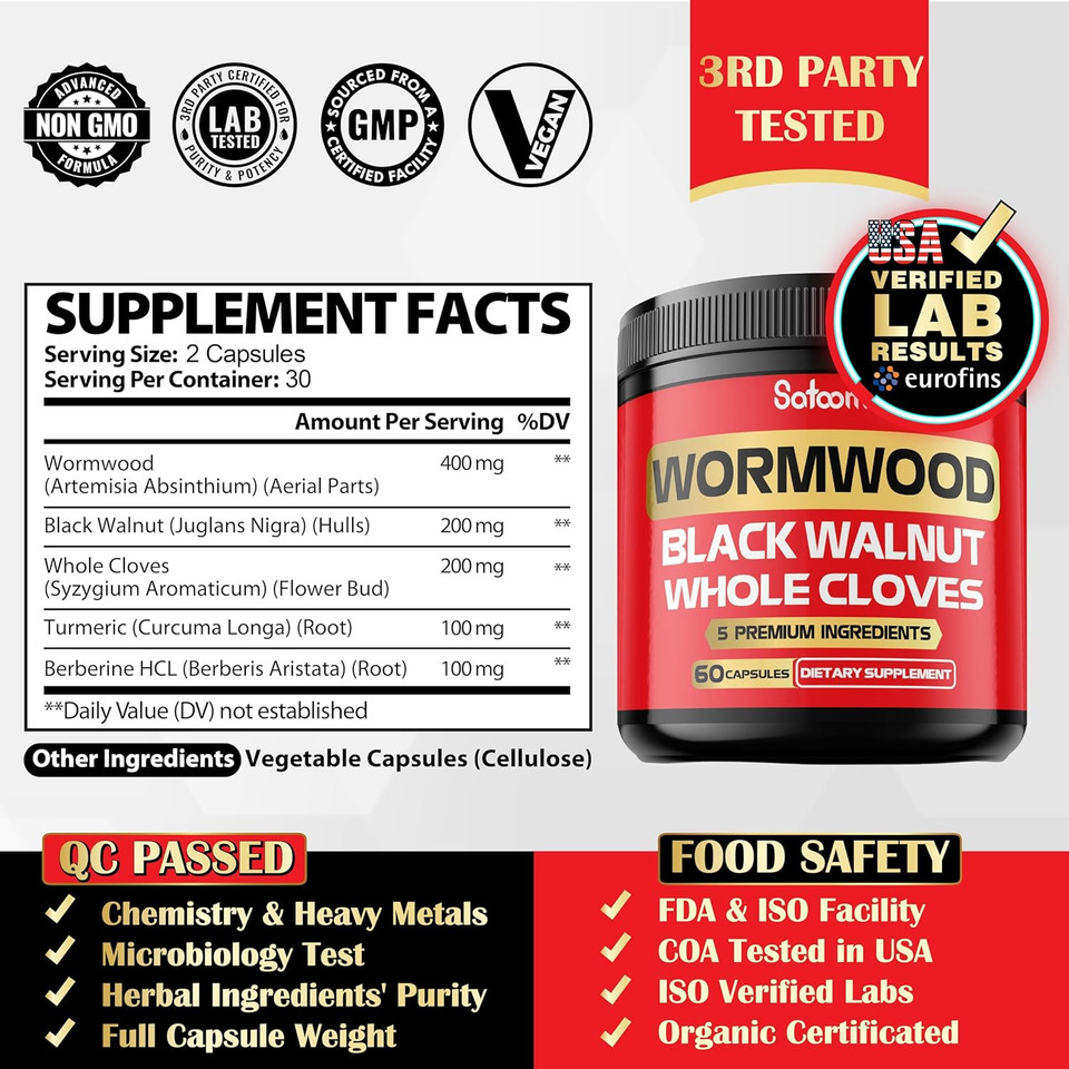 Satoomi 5 In 1 Wormwood Capsules Supplement - Extracted From Black Walnut, Whole Cloves, Turmeric And Berberine Hcl - Immune System & Digestion Health - 60 Capsules
